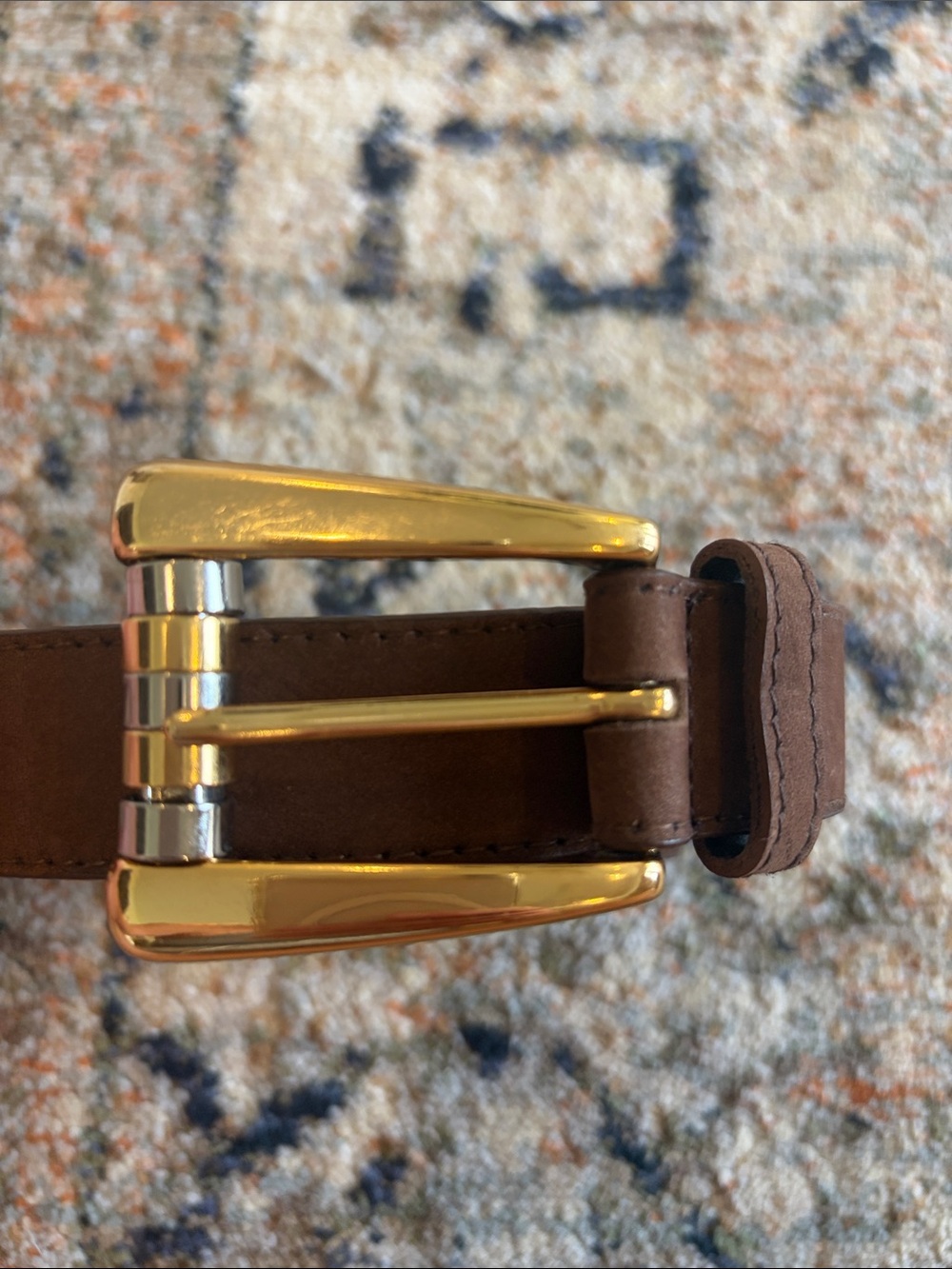 Women’s Brown Leather Belt Size Small Mixed Metal Silver & Gold Tone Buckle